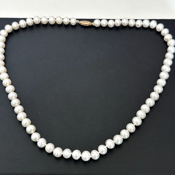 14K Yellow Gold Genuine Real 7MM Cream Pearls Hand Knotted Strand Necklace 18" - Picture 3 of 14